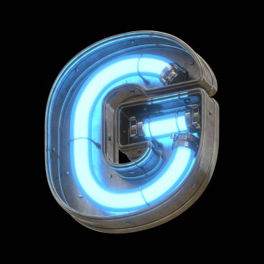 Mavi neon ışıklı metalik fütüristik yazı tipi.