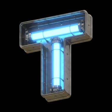 Mavi neon ışıklı metalik fütüristik yazı tipi.