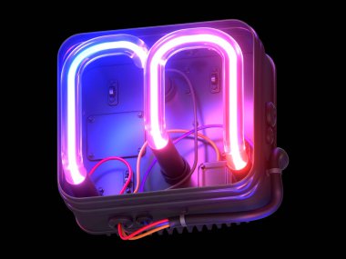 Metal kutusunda morötesi neon yazı tipi. 