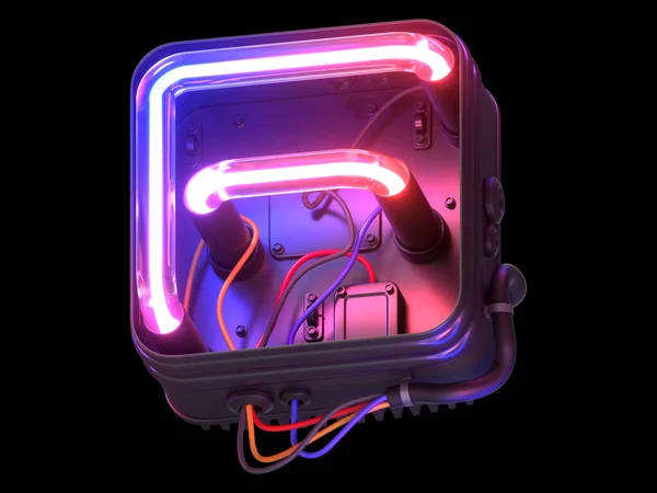 Ultraviolette Neon Schrift Metallgehäuse — Stockfoto