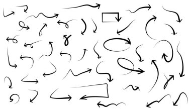 El çizimi ok simgeleri karalama tasarım elementleri. Tasarım amaçları için el çizilmiş ok koleksiyonu.