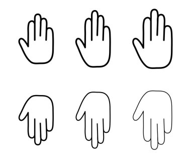 Çizgi parmak çizimi el ikonu. Altı basit siyah ana hatlı el hareketi seti.