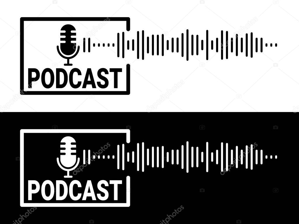 Podcast microphone icon. Broadcast podcast studio. Podcast logo design with audio wave, black and white.