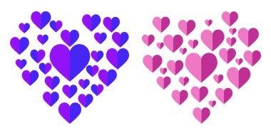 Farklı şekillerde yapılmış katı kalp şekli koleksiyonu. Aşkın kalpleri, canlı mor ve pembe.