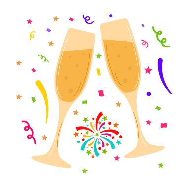 Şampanya kadehleri ve konfeti ile kutlama. Şenlikli bir kadeh tokuşturarak birbirine çarpan iki şampanya kadehinin vektör çizimi. Renkli konfeti, yıldızlar ve flamalar.