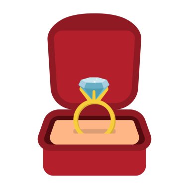 Kırmızı Mücevher Kutusu Vektör İllüzyonu 'nda nişan yüzüğü. Zarif bir kırmızı mücevher kutusunun içinde pırıl pırıl pırıl pırıl bir elmas olan lüks bir nişan yüzüğü..