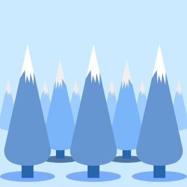 Kar Tepeleri Vektör Resimli Minimal Kış Ormanı. Karlı dağlarla ve soyut kozalaklı ağaçlarla biçimlendirilmiş kış manzarasının düz vektör çizimi.