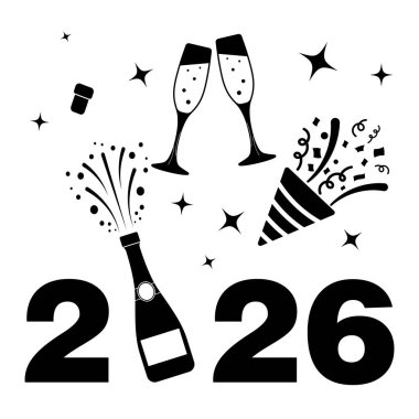 2026 Yeni Yılı Şampanya, Bardak ve Konfeti ile Kutlama Vektörü. Vektör İllüstrasyonu. Yılbaşı arifesiyle ilgili tebrik kartları, davetiyeler ve tatil tasarımları için mükemmel..