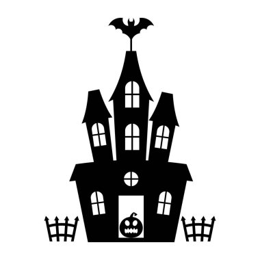 Balkabağı ve Yarasa Silueti ile Perili Ev. Vektör İllüstrasyonu. Dekorasyonlar, davetiyeler, posterler ve mevsimlik projeler için mükemmel Cadılar Bayramı temalı grafikler.