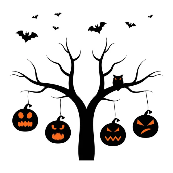 Cadılar Bayramı Balkabağı Ağacı Vektör İllüstrasyonu. Korkunç bir cadılar bayramı sahnesi. Çorak siyah bir ağaç dört tane Cadılar Bayramı balkabağı asıyor. Her birinin farklı kötü ifadeleri var..