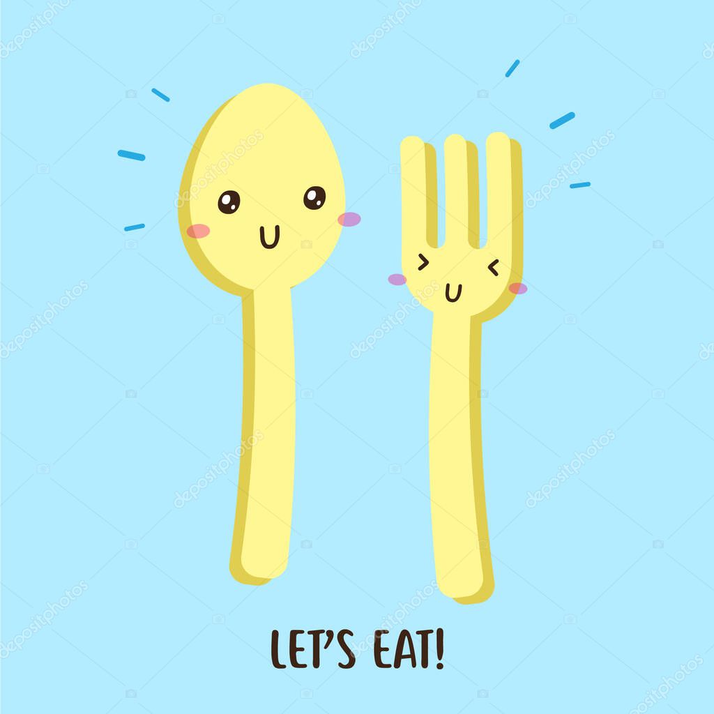 Pair of cute happy spoon and fork vector design, can be use to make poster