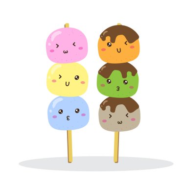 Sevimli mutlu dango mochi atıştırmalık vektör tasarımı, poster yapımında kullanılabilir