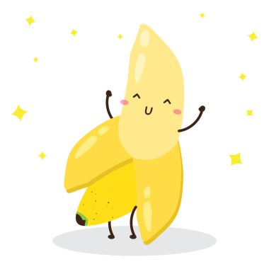 Sevimli, mutlu, yarı soyulmuş muz vektör tasarımı poster yapımında kullanılabilir.