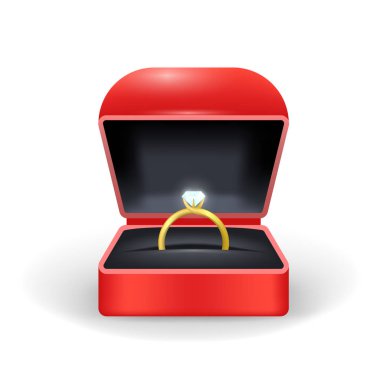 Gerçekçi detaylı 3d altın yüzük kutusu. Vektör