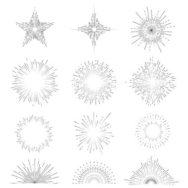 Retro Sunburst işaretleri siyah ince çizgi Icon Set. Vektör