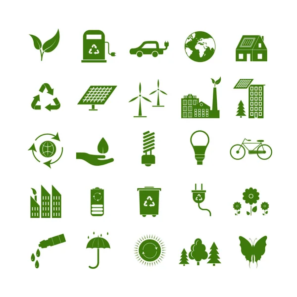 Cartoon Ecology Signs Green Icons Set. Вектор — стоковый вектор