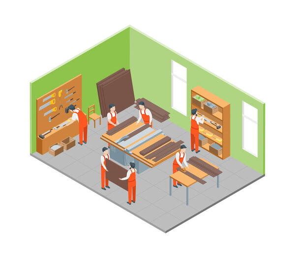 Furniture Makers at Work and Interior with Elements Isometric View. Vector