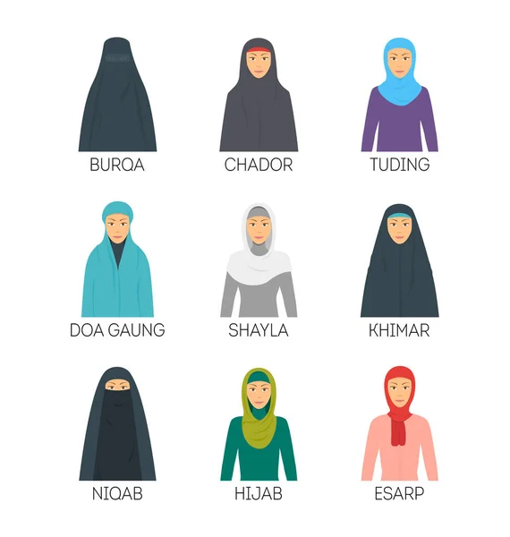 Cartoon-Hijab-Typ Zeichen Farbsymbole gesetzt. Vektor — Stockvektor