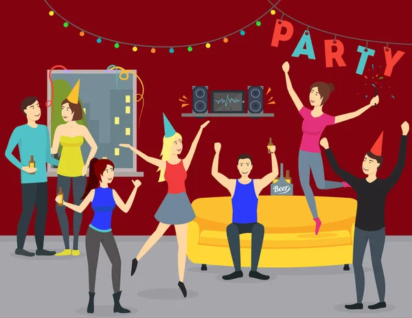 Cartoon Happy People in Party at Home Concept. Vettore — Vettoriale Stock