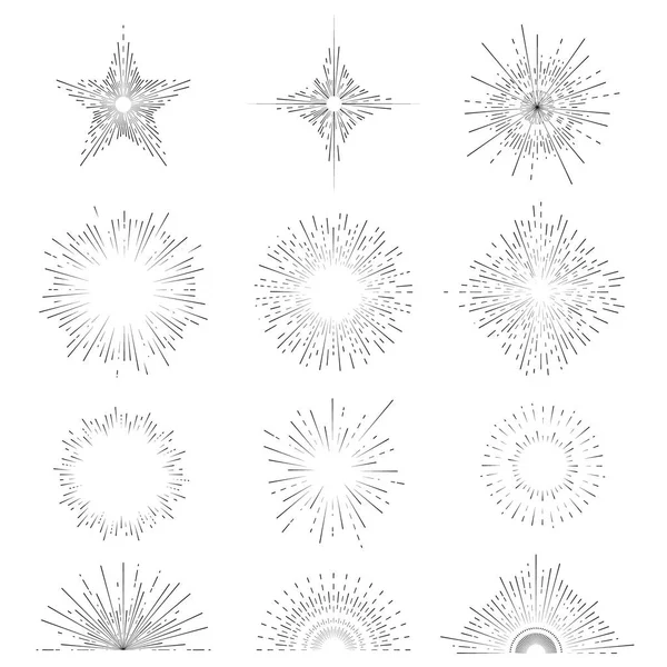 Retro Sunburst tecken svart tunn linje Ikonuppsättning. Vektor — Stock vektor
