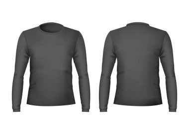 Gerçekçi detaylı 3d şablon boş siyah T-shirt ön ve arka taraf. Vektör