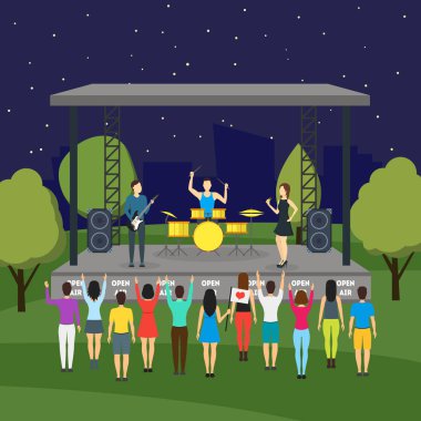 Çizgi film açık hava gece Festival ve Şehir Parkı manzara arka plan arka plan düz tasarım yaz doğa sahne. Vektör çizim