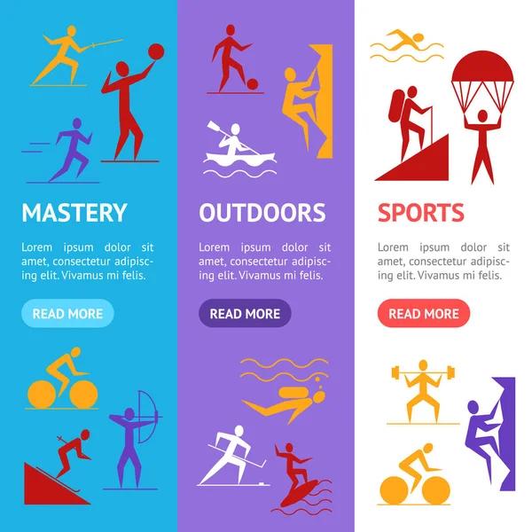 Dibujos animados Actividades al aire libre Juegos Deportivos Banner Vecrtical Set. Vector — Vector de stock