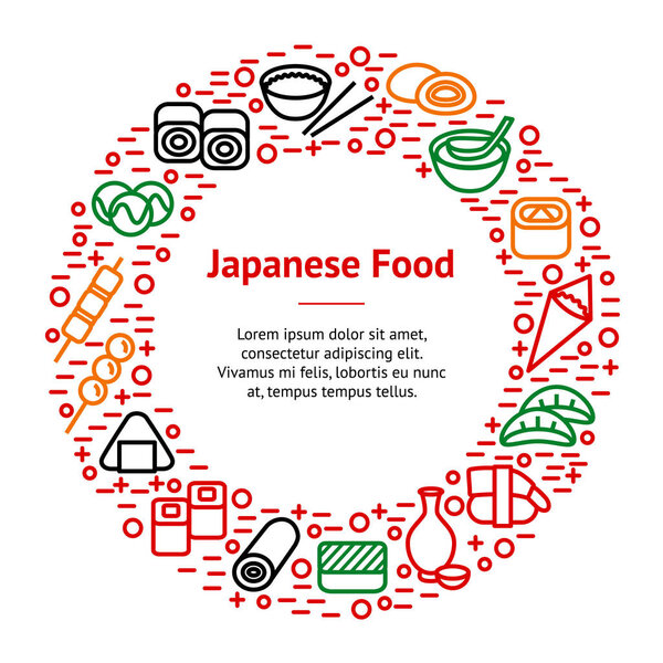 Japanese Foods Thin Line Banner Card Circle. Vector