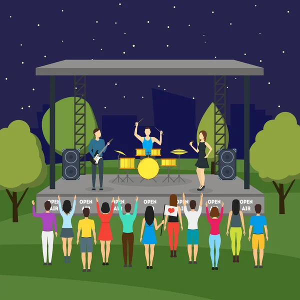 Çizgi film açık hava gece Festival ve Şehir Parkı manzara arka plan arka plan düz tasarım yaz doğa sahne. Vektör çizim