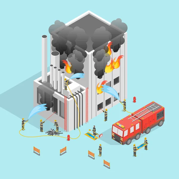 Firefighter Building Fire Concept Isometric View Emergency Danger Vector Illustration — Stock Vector