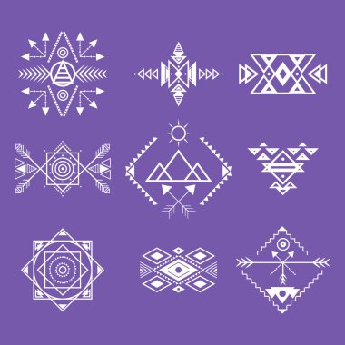 Aztek stil süsleme beyaz ince çizgi Icon Set. Vektör