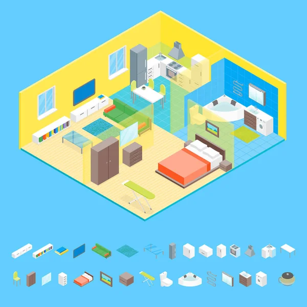 อพาร์ทเม้นท์ ห้องสําหรับครอบครัว ภายในมีเฟอร์นิเจอร์และองค์ประกอบ Isometric View เวกเตอร์ — ภาพเวกเตอร์สต็อก