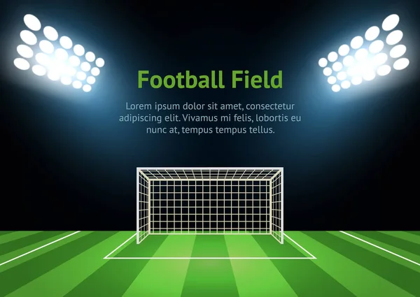 Spotlights and Football Field Card Poster Background (en inglés). Vector — Archivo Imágenes Vectoriales