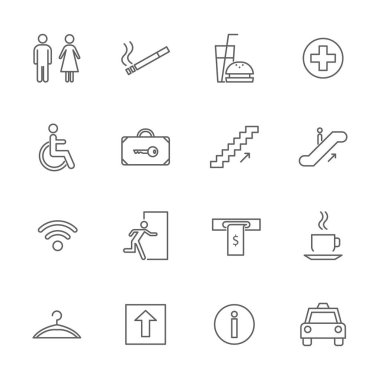 Genel gezinti işaretleri siyah ince çizgi Icon Set. Vektör