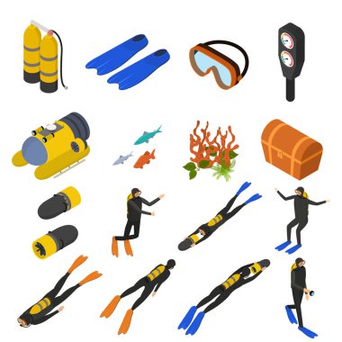 Tüplü Dalış işaretleri 3d Icons Set izometrik görünümü. Vektör