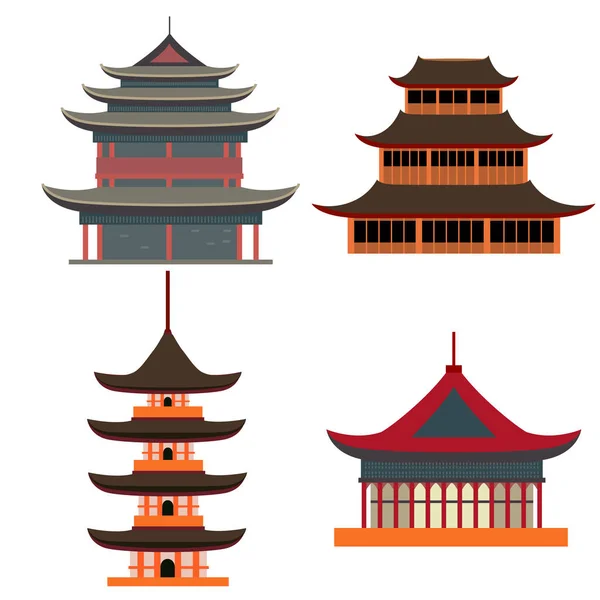 Cartoon Traditional Asian House Objects Set (en inglés). Vector — Vector de stock
