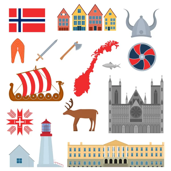 Cartoon Norwegian Travel and Tourism Symbols Set (en inglés). Vector — Archivo Imágenes Vectoriales