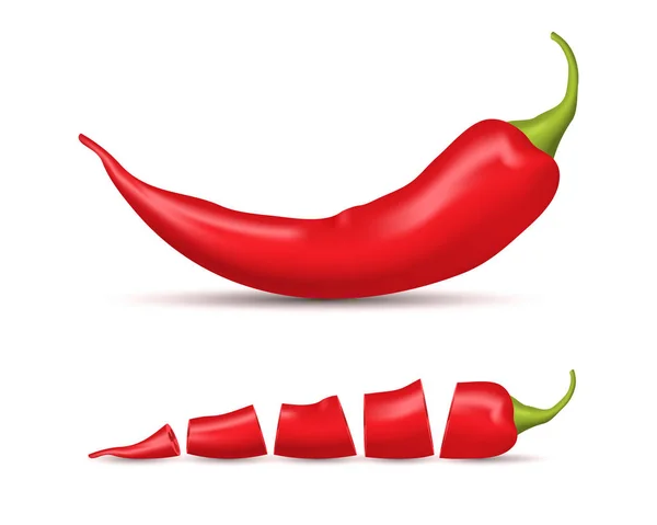 Realistiska detaljerade 3d hela Red Hot Chili peppar och Slice Set. Vektor — Stock vektor