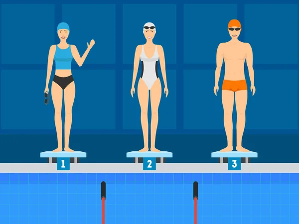 Cartoon Swimmer on the Starting Line Concept (en inglés). Vector — Vector de stock