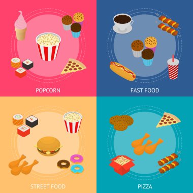 Fast Food Afiş kartı Set izometrik görünümünde. Vektör