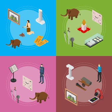 Müze sergiler galerileri Afiş kartı Set izometrik görünümünde. Vektör