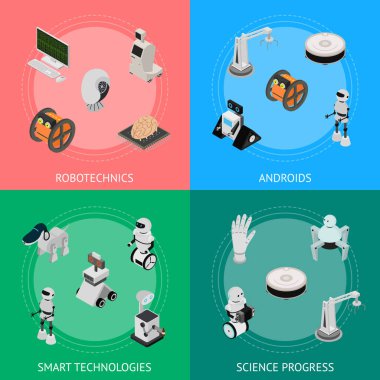 Akıllı teknolojiler aygıtları Afiş kartı Set izometrik görünümünde. Vektör