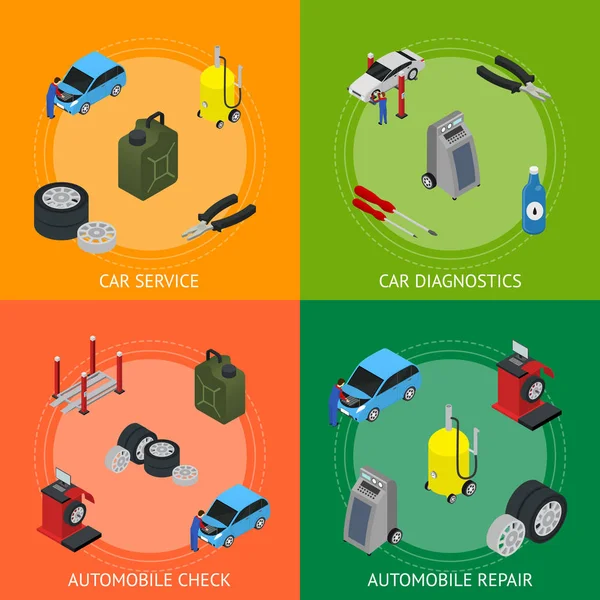 자동차 자동 서비스 배너 카드 설정된 Isometric 보기입니다. 벡터 — 스톡 벡터