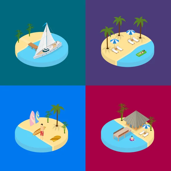 Playa vacaciones Banner Card Set 3d vista isométrica. Vector — Vector de stock