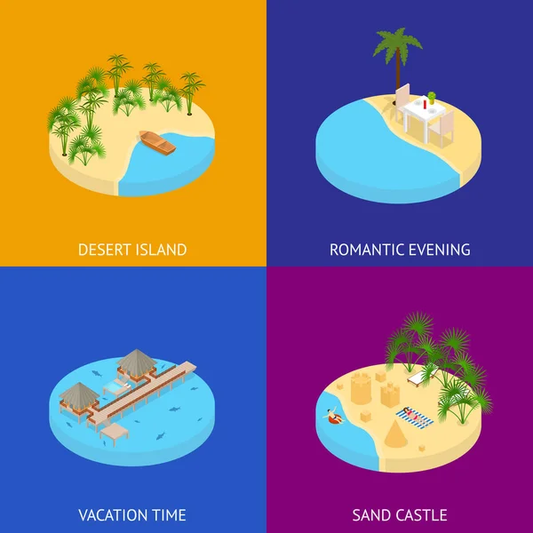 Beach Vacation Banner Card Set 3D Isometric View (em inglês). Vetor —  Vetores de Stock