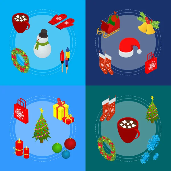 Celebración de Navidad Banner Card Set 3d Isométrico Vista. Vector — Archivo Imágenes Vectoriales