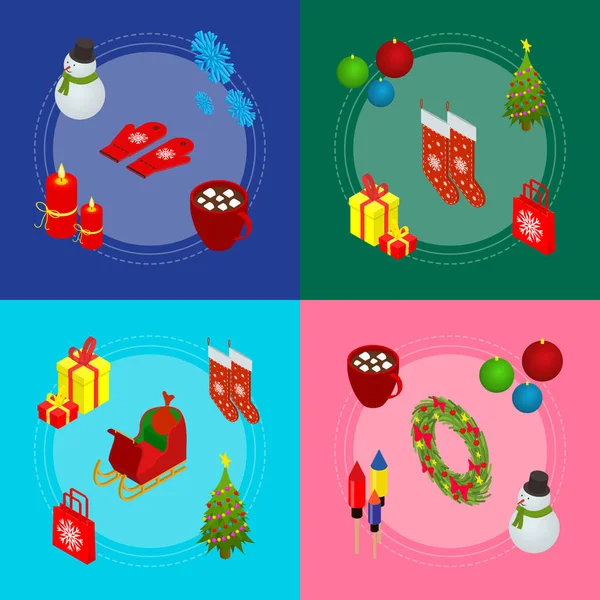 Set di cartoline natalizie 3d Vista isometrica. Vettore — Vettoriale Stock