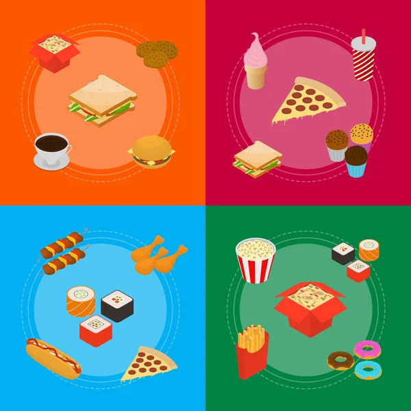 Set de tarjetas de Banner de comida rápida Vista isométrica. Vector — Vector de stock