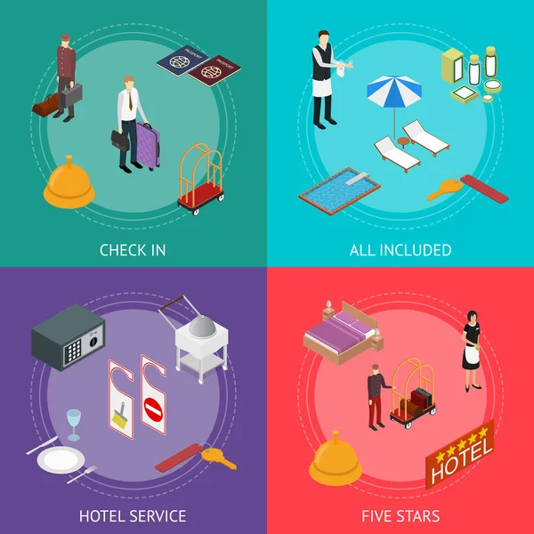 Hotel Service Banner Card Set Isometric View. Vector — Stock Vector