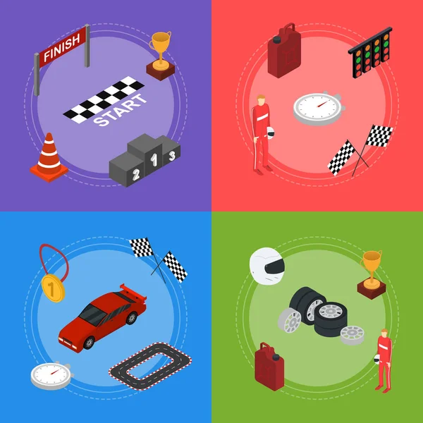 Racing Sport Banner Card Set Isometric View. Vector